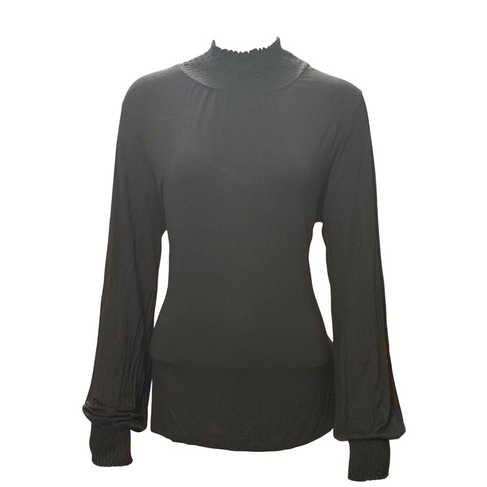 August Silk Size L Black Sheer Smocked Mock Neck Top Noircore Glamcore Eventwear - Picture 11 of 11